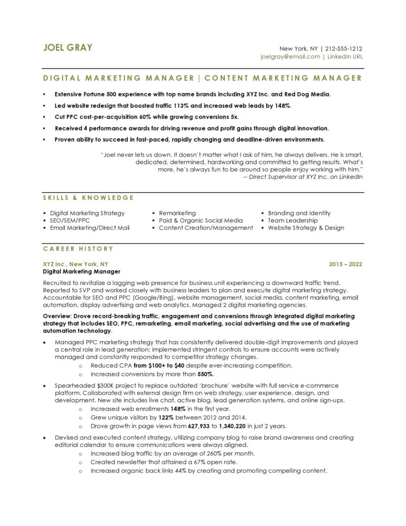 Digital Marketing Manager resume page 1