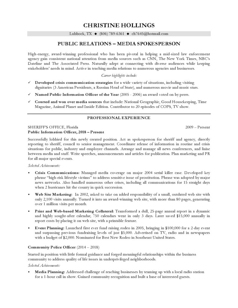 PR Manager resume page 1